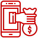 A red outline of a smartphone with a hand holding a money bag.