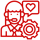 A red line-art icon of a person with a speech bubble containing a heart and a gear.