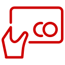 A red outline of a badge or card with the letters “CO” and a pointing hand.