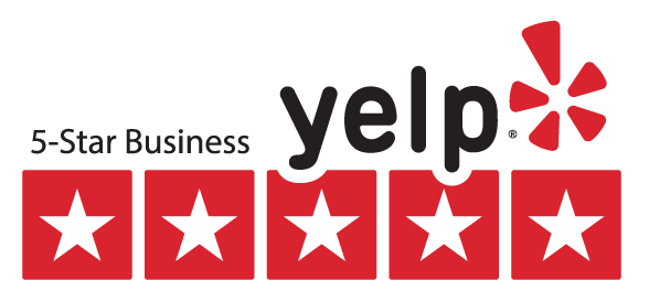 Yelp “5-Star Business” banner with five red squares and white stars.