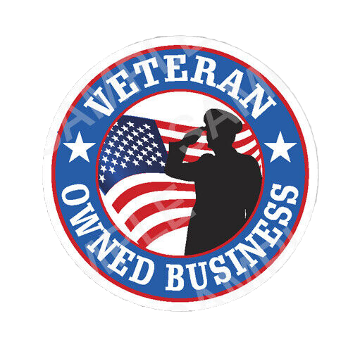 Circular badge reading “Veteran Owned Business” with a silhouette of a person saluting, American flag background.