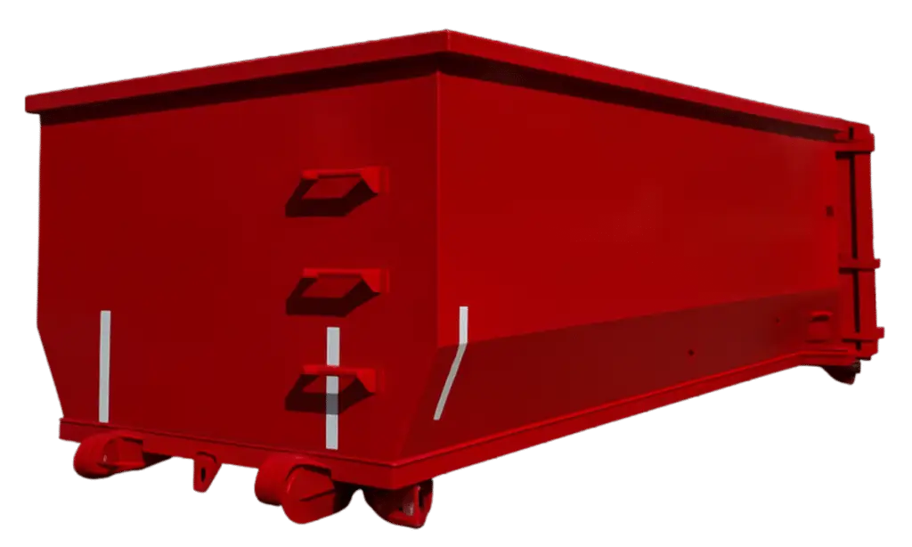 A red dumpster/container on wheels against a transparent background, suitable for use in a logistics or waste-management branding layout, Dumpster Rentals.