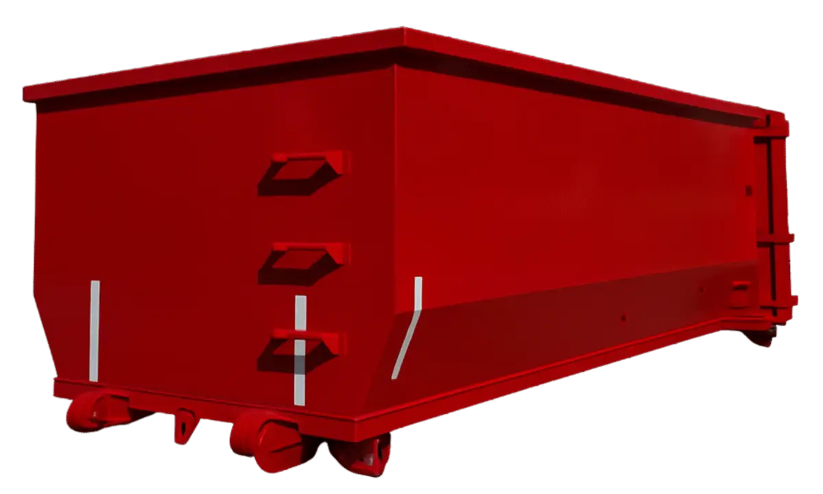 A red dumpster/container on wheels against a transparent background, suitable for use in a logistics or waste-management branding layout, Dumpster Rentals.